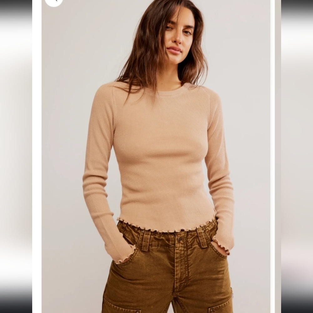 Free People Easy Does It Waffle Knit Y2K Inspired‎ Ruffle Hem Top, Small